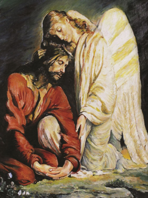 Obraz na płótnie - Jezus z Aniołem 40 cm x 50 cm